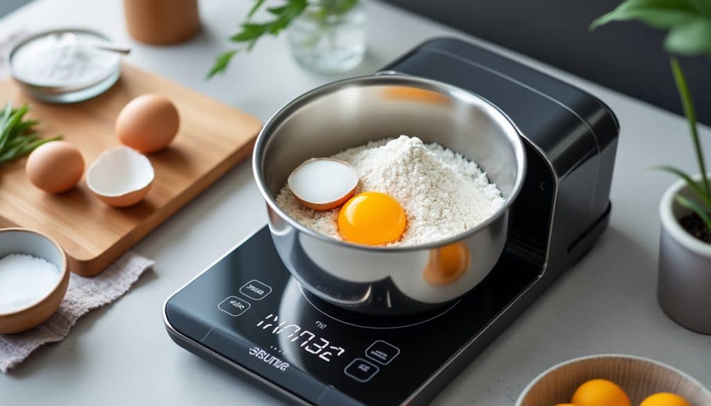découvrez le cuiseur connecté avec pesage intégré, permettant de mesurer directement les ingrédients dans le bol pour une cuisine précise et facile.