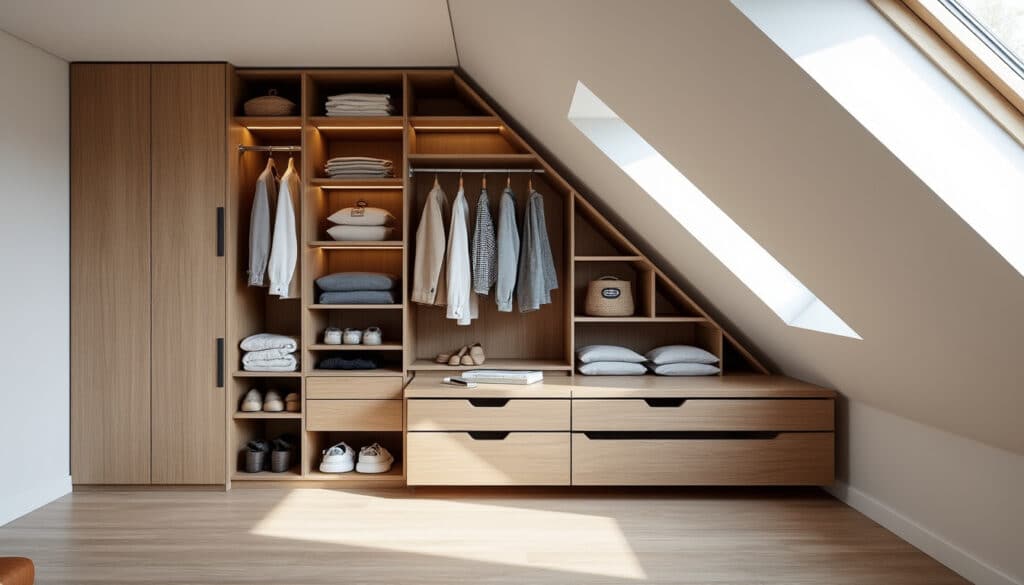 découvrez comment optimiser le rangement sous la pente du toit grâce à un placard dressing sur mesure, alliant praticité et esthétisme pour tirer le meilleur parti de cet espace souvent sous-utilisé.